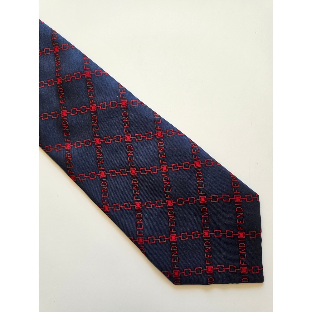 FENDI Monogram‎ Silk Italy Preppy Old Money Maximalist Geometric Navy Blue Tie